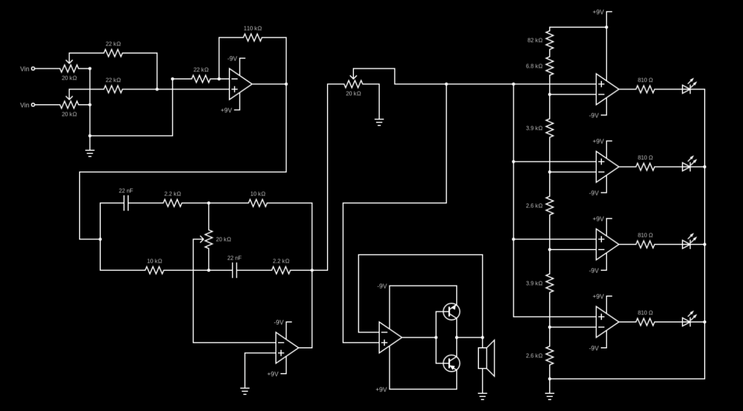 Complete schematic: summing mixer, tone filter, volume divider, LED comparator ladder, complementary emitter follower power stage