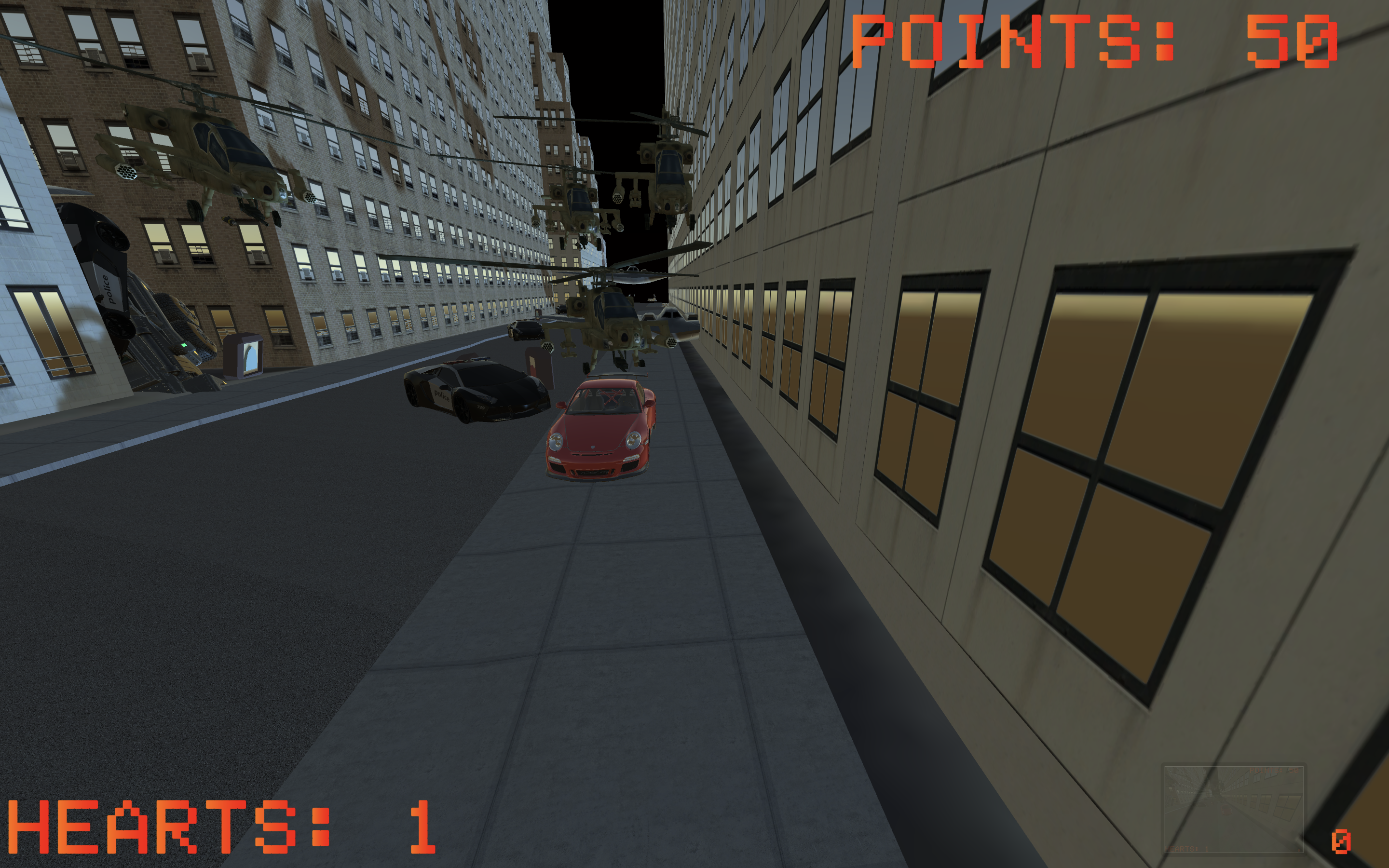In-game chase with HUD showing Points and Hearts